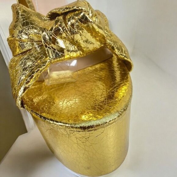 Lulus Bow Platform Ankle Strap Heels Gold Metallic Size 7M - Picture 11 of 13
